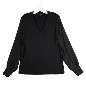 Talbots Sheer Sleeve Knit Blouse L Black V Neck Mixed Media Classic Career Style